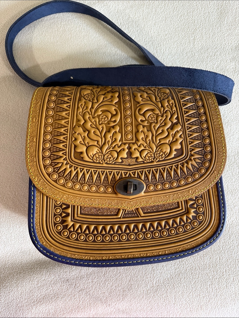Embossed Gold Saddle Crossbody with Blue Strap Ukraine tooled leather bag
